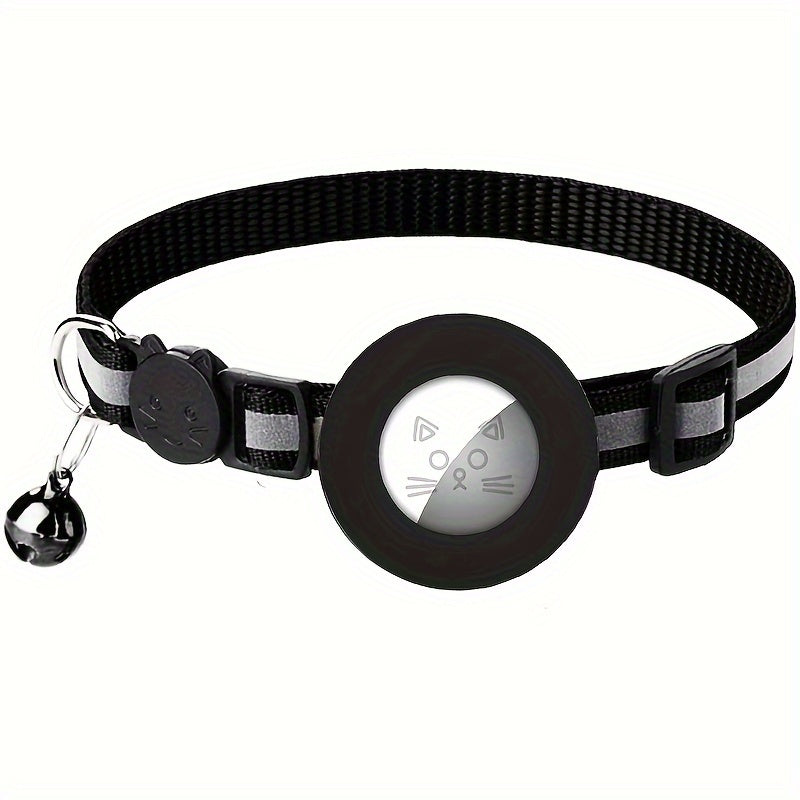 GPS Cat Collar with Reflective Strip - Adjustable Airtag Holder, Bell, and Safety Breakaway Buckle for Kittens and Cats