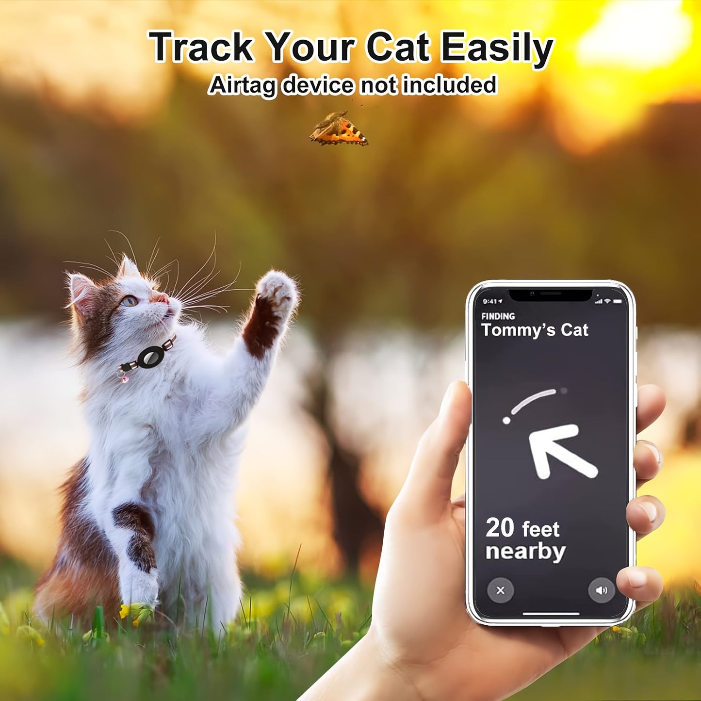 GPS Cat Collar with Reflective Strip - Adjustable Airtag Holder, Bell, and Safety Breakaway Buckle for Kittens and Cats