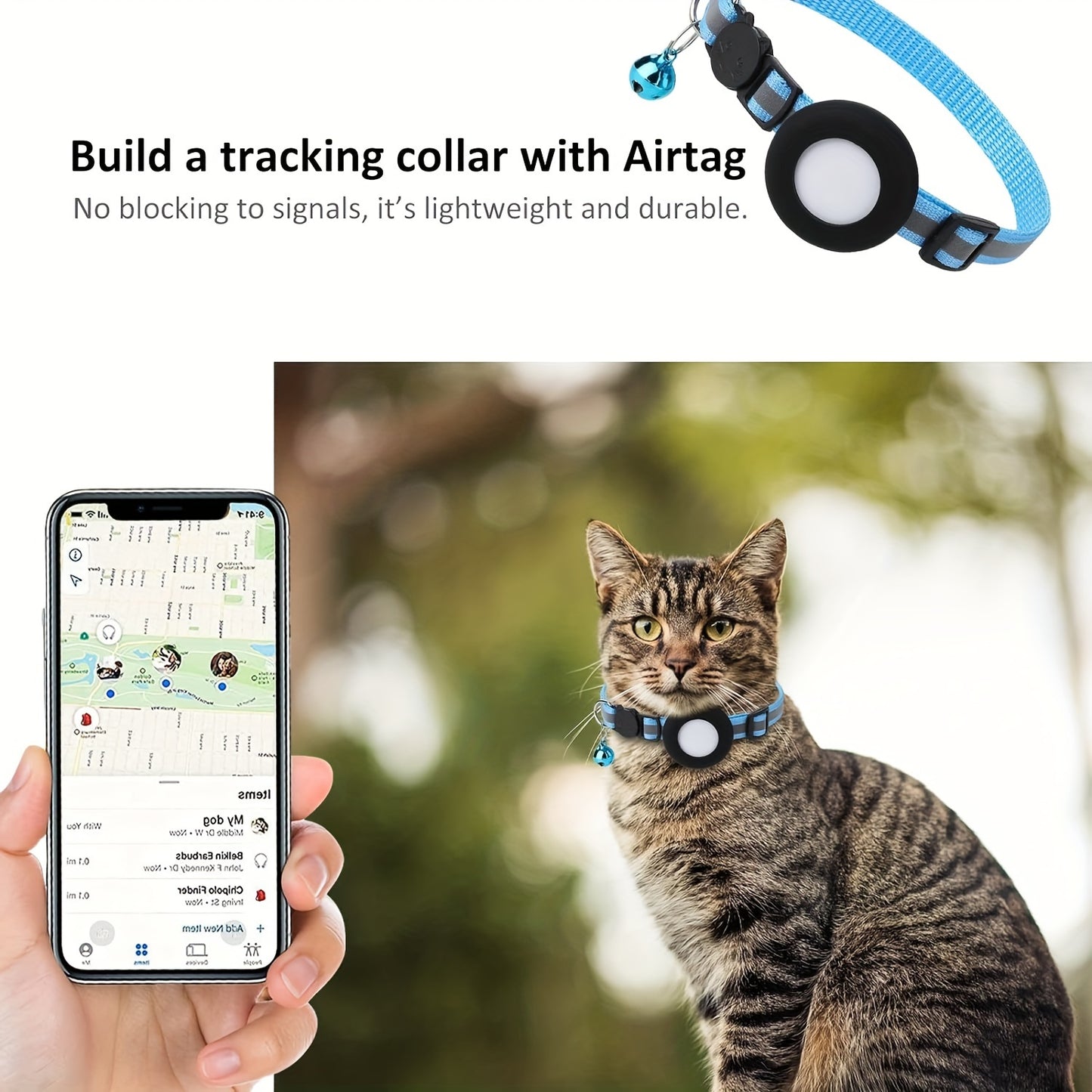 GPS Cat Collar with Reflective Strip - Adjustable Airtag Holder, Bell, and Safety Breakaway Buckle for Kittens and Cats