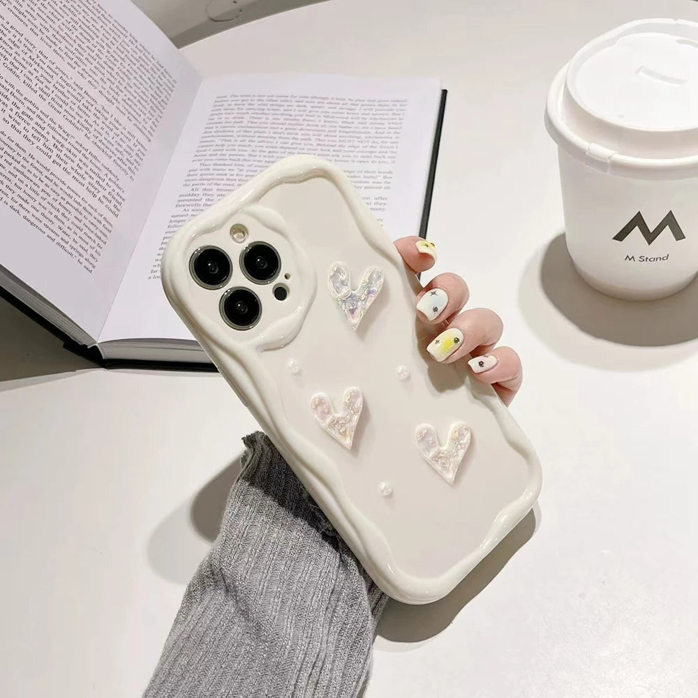 For iPhone 17 Pro Max 16 Plus 15 14 13 12 Mini 11 3D Heart White Wave TPU Phone Case With Strap