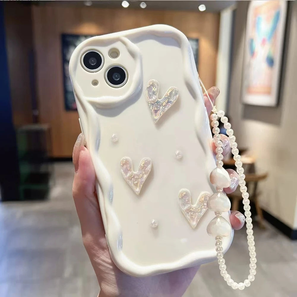 For iPhone 17 Pro Max 16 Plus 15 14 13 12 Mini 11 3D Heart White Wave TPU Phone Case With Strap