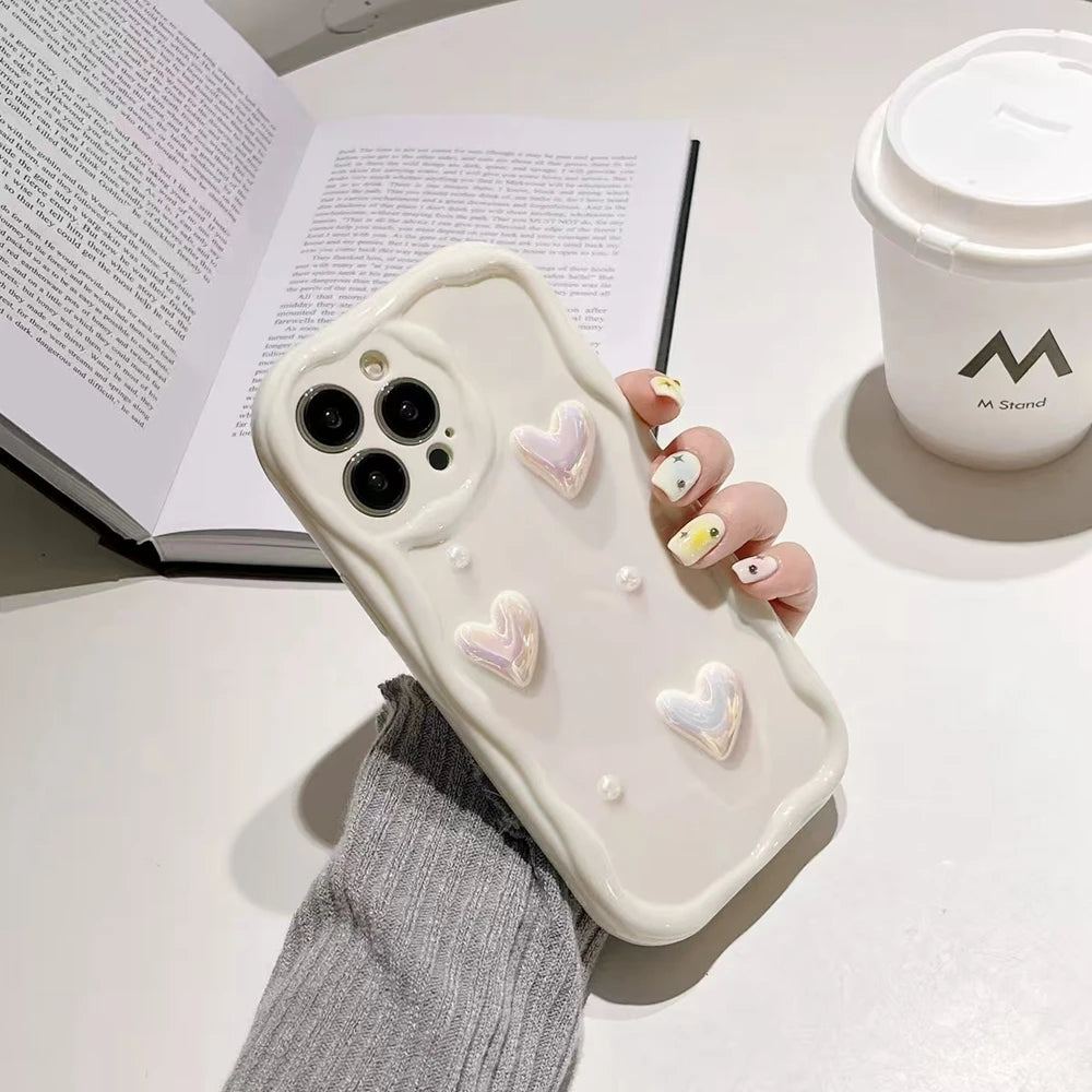 For iPhone 17 Pro Max 16 Plus 15 14 13 12 Mini 11 3D Heart White Wave TPU Phone Case With Strap