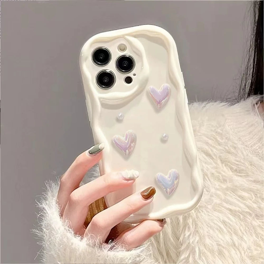 For iPhone 17 Pro Max 16 Plus 15 14 13 12 Mini 11 3D Heart White Wave TPU Phone Case With Strap