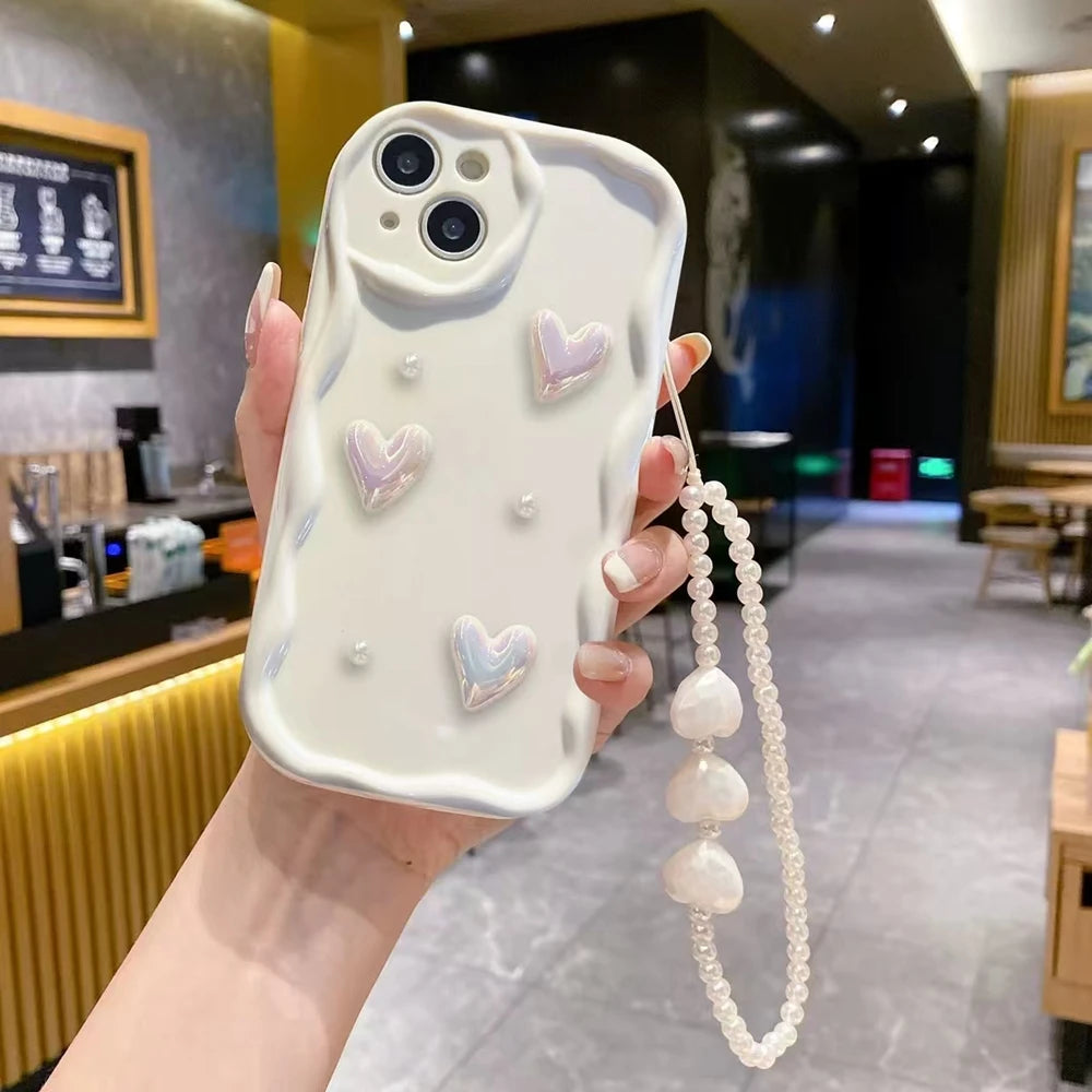 For iPhone 17 Pro Max 16 Plus 15 14 13 12 Mini 11 3D Heart White Wave TPU Phone Case With Strap