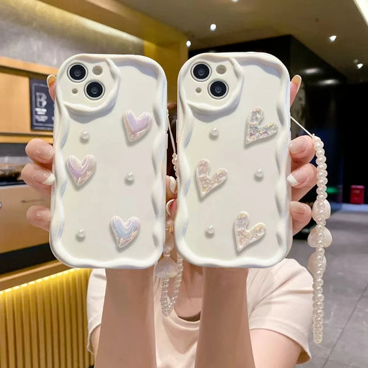 For iPhone 17 Pro Max 16 Plus 15 14 13 12 Mini 11 3D Heart White Wave TPU Phone Case With Strap