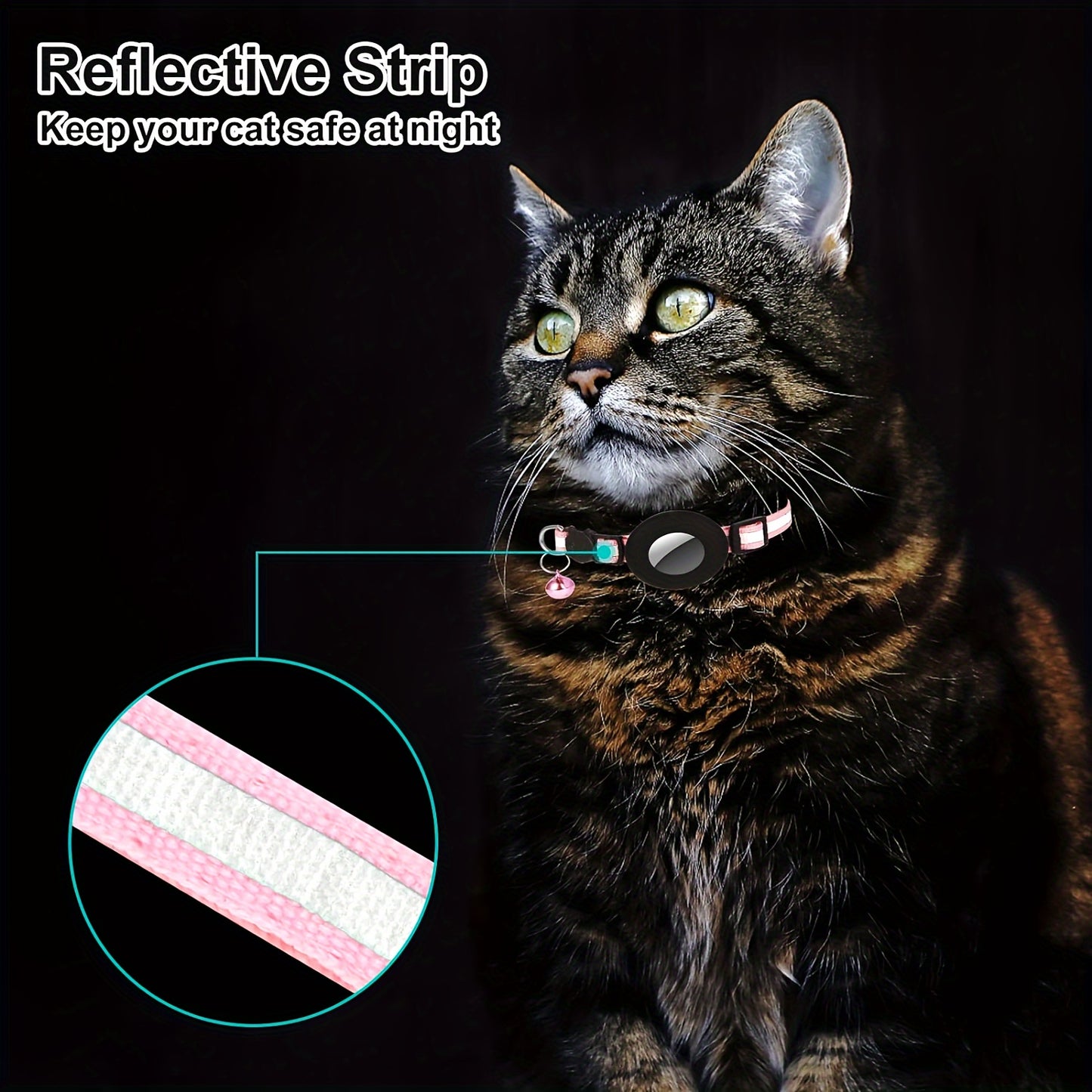 GPS Cat Collar with Reflective Strip - Adjustable Airtag Holder, Bell, and Safety Breakaway Buckle for Kittens and Cats