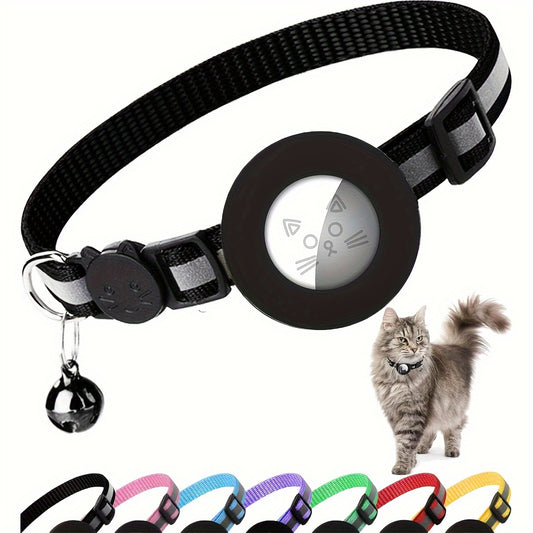 GPS Cat Collar with Reflective Strip - Adjustable Airtag Holder, Bell, and Safety Breakaway Buckle for Kittens and Cats