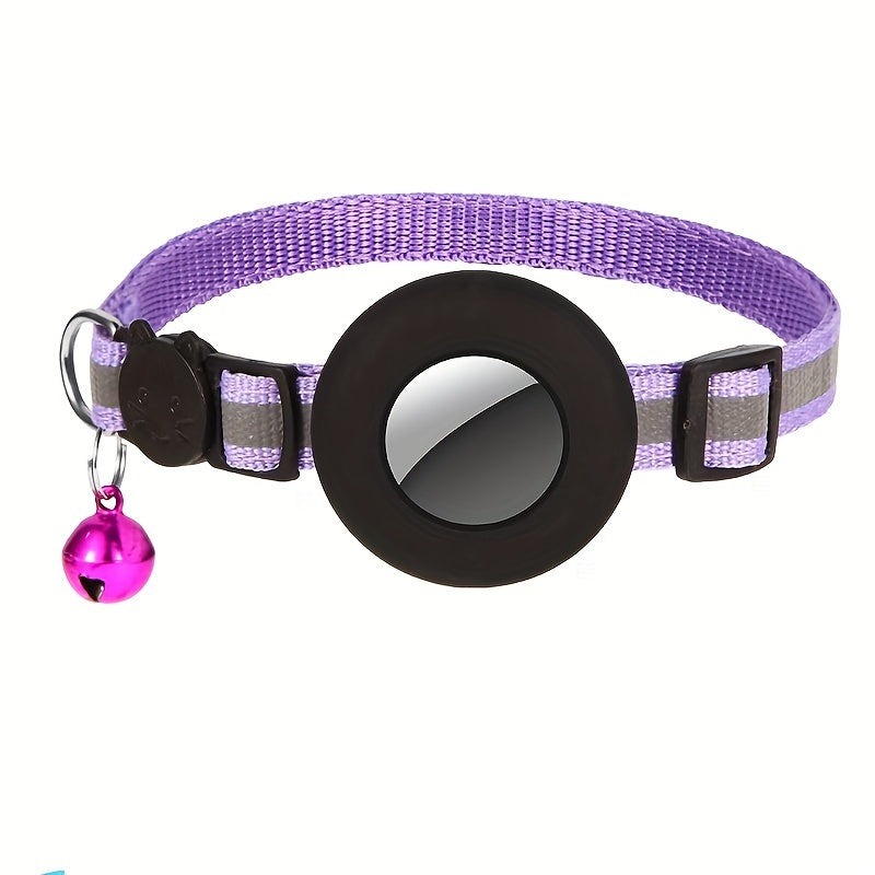 GPS Cat Collar with Reflective Strip - Adjustable Airtag Holder, Bell, and Safety Breakaway Buckle for Kittens and Cats
