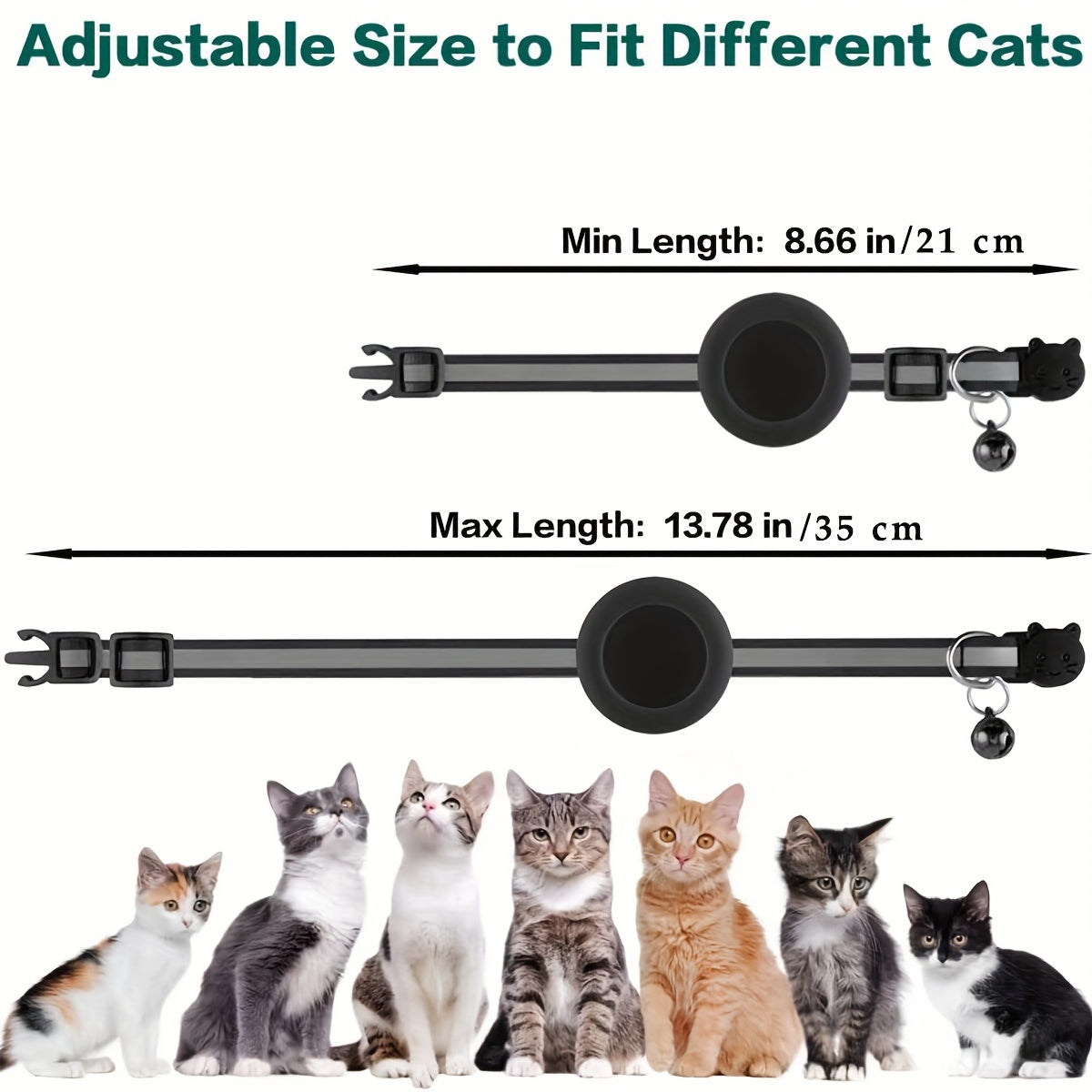GPS Cat Collar with Reflective Strip - Adjustable Airtag Holder, Bell, and Safety Breakaway Buckle for Kittens and Cats